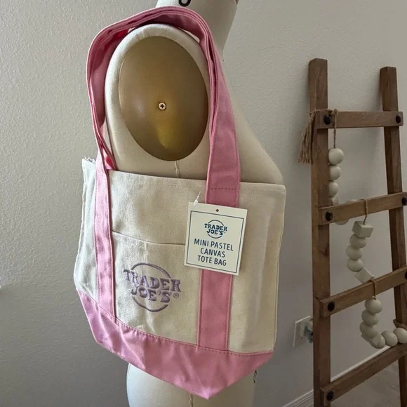 Trader Joe’s Limited Edition Pastel Mini Pink and Cream Canvas Tote Bag - Picture 10 of 16